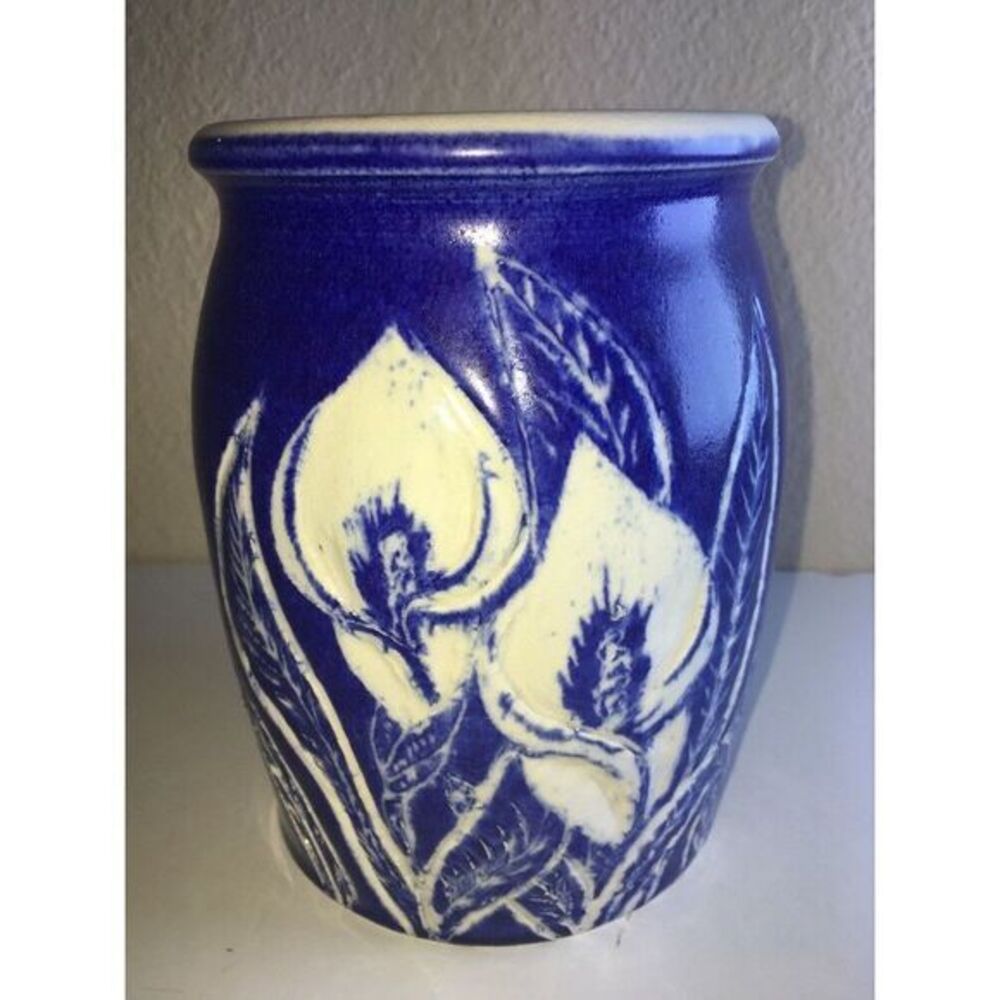 Stoneware BLUE Vase With White FLOWERS Artisan Signed Winslow